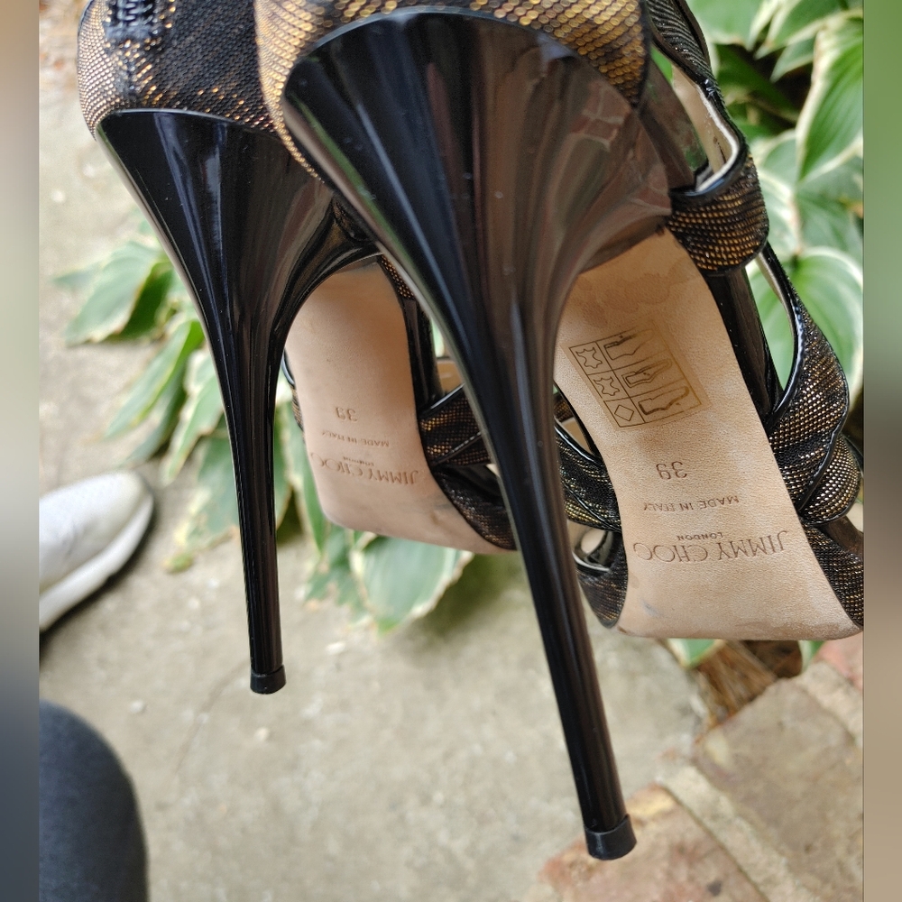 JIMMY CHOO 142 "COLLAR" ZEBRA LAME GLITTER SANDAL, BLACK/AMBER 39 - Picture 14 of 16